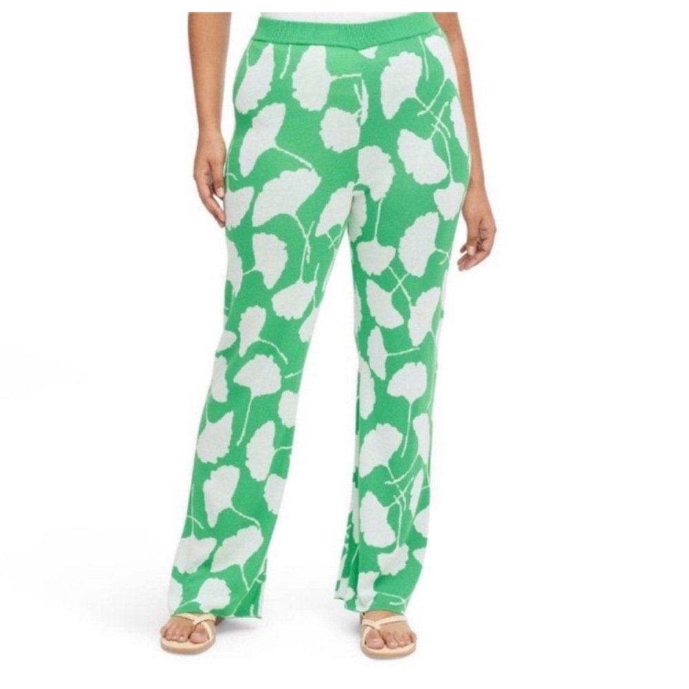 Diane Von Furstenberg Green and White Floral Wide-Leg Knit Pants